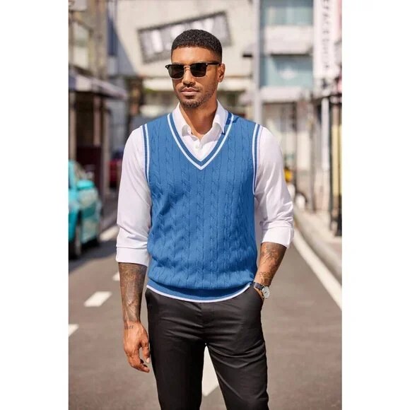 Coofandy Men Blue Fitted V Neck Sleeveless Knitted Pullovers Sweater Vest